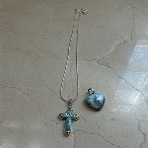 Silver and Blue Cross and Heart Pendant Necklace